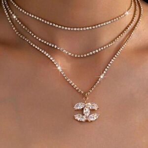 NWT 3pcs Shiny Luxury Crystal Necklace Set, Letter CC Double C Pendant,